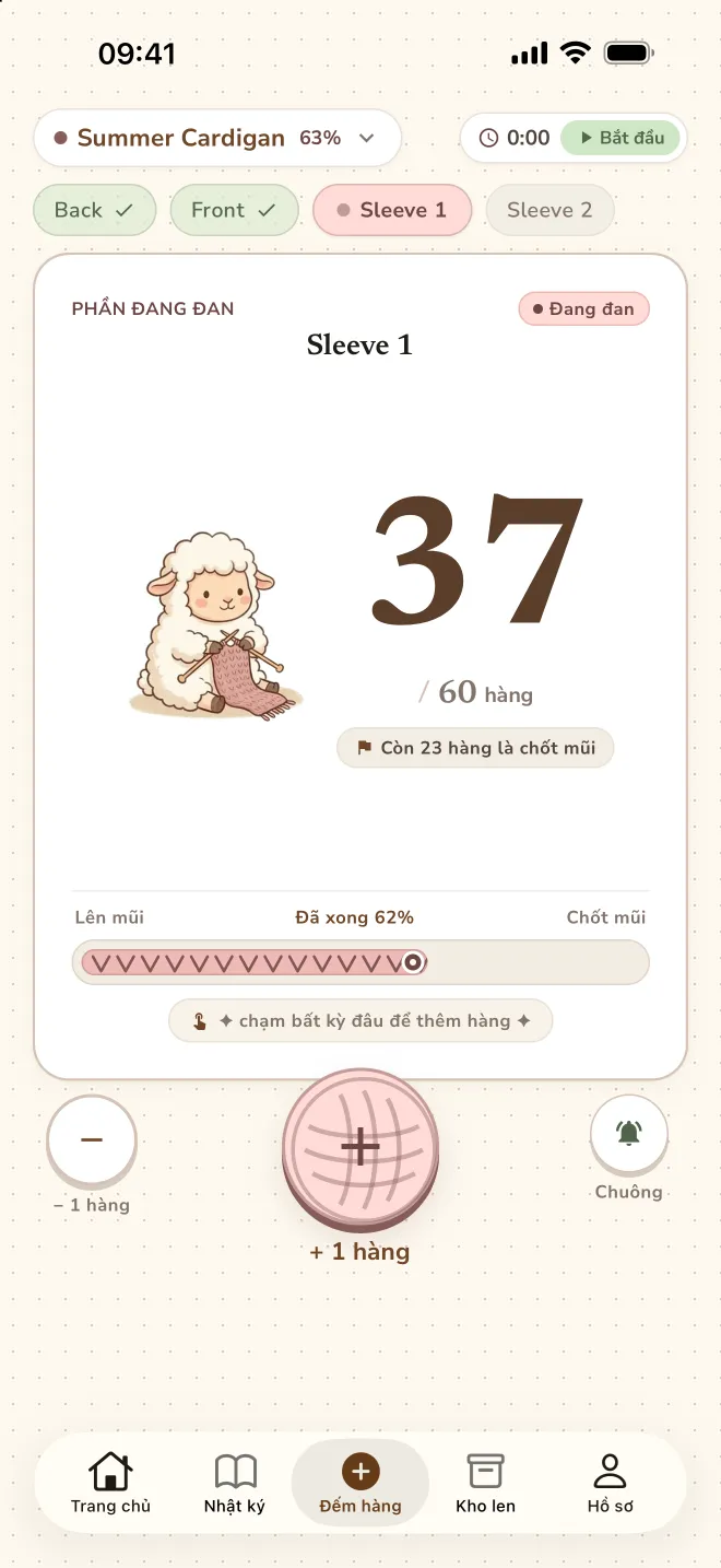 Bộ đếm hàng đang ở hàng 37 trên 60 của phần tay áo